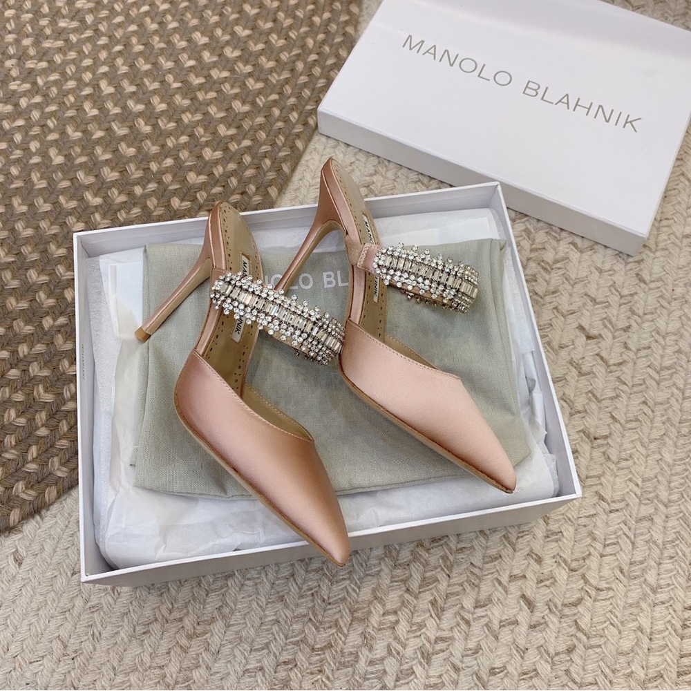 Manolo Blahnik Blush Pink Satin Pointed Crystal-Embellished Mule - Picture 3 of 8